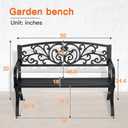 Patio Garden Bench 50 inch Outdoor Metal Loveseat Chairs with Armrests Slatted Seat and w/Floral Design Backrest for Park, Yard, Porch, Lawn, Balcony, Backyard, Black