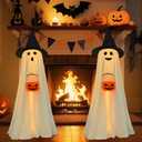 Halloween Decorations-2 Pack Light-Up Sherpa Ghosts with Pumpkin Halloween Decor Indoor Cute Ghost Tabletop Decor for Party Home Kitchen and Fireplace