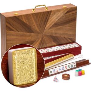 Yellow Mountain Imports American Mahjong Set, Golden Fortune with 166 Acrylic Mahjong Tiles, Inlaid Wooden Case, Racks and Other Accessories
