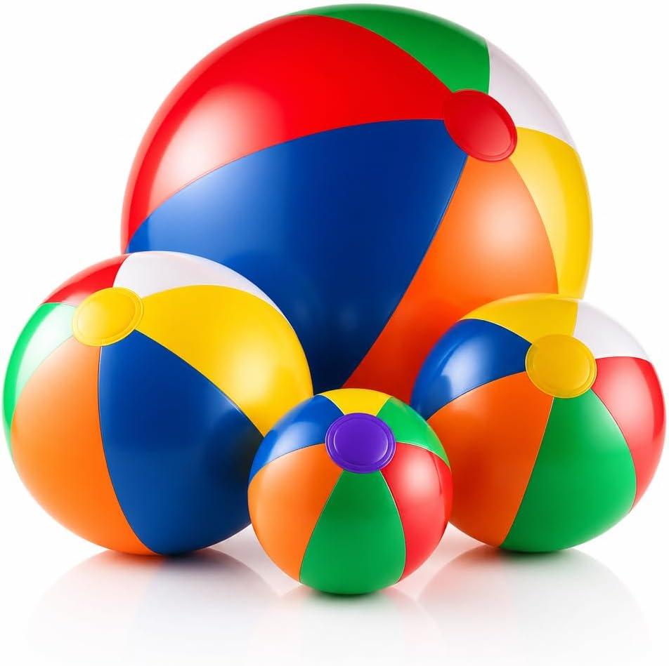 Bedwina 4-Pcs Assorted Inflatable Beach Balls - Rainbow Beach Balls for Kids in 6", 12", 16", 24" Sizes - Colorful Blow Up Pool Toys for Beach Games, Summer Party Decor & Outdoor Fun