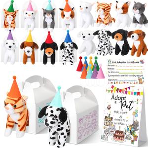 HyDren 33 Pcs Operation Christmas Adopt Party Favors Include Adoption Sign Animal Adoption Plush Certificate Pet Stuffed Birthday Hats Paper Boxes White for Adopt an Animal(4 Cat 4 Dog)
