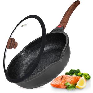 Vinchef Nonstick Deep Frying Pan Saute Pan with Lid, 12in/5.5Qt Fry Pan, German 3C+ Ceramic Coating Technology, Heat Indicator, Induction Compatible (Black)