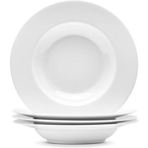 Artena 10 Ounce Pasta Bowls Set of 4, Elegant White Soup Bowls, Wide Rim Salad Bowl, Premium Porcelain Pasta Plate Bowl, Shallow Soup Plates for Eating, Microwave Dishwasher Oven Safe Bowls (9.15 inch)