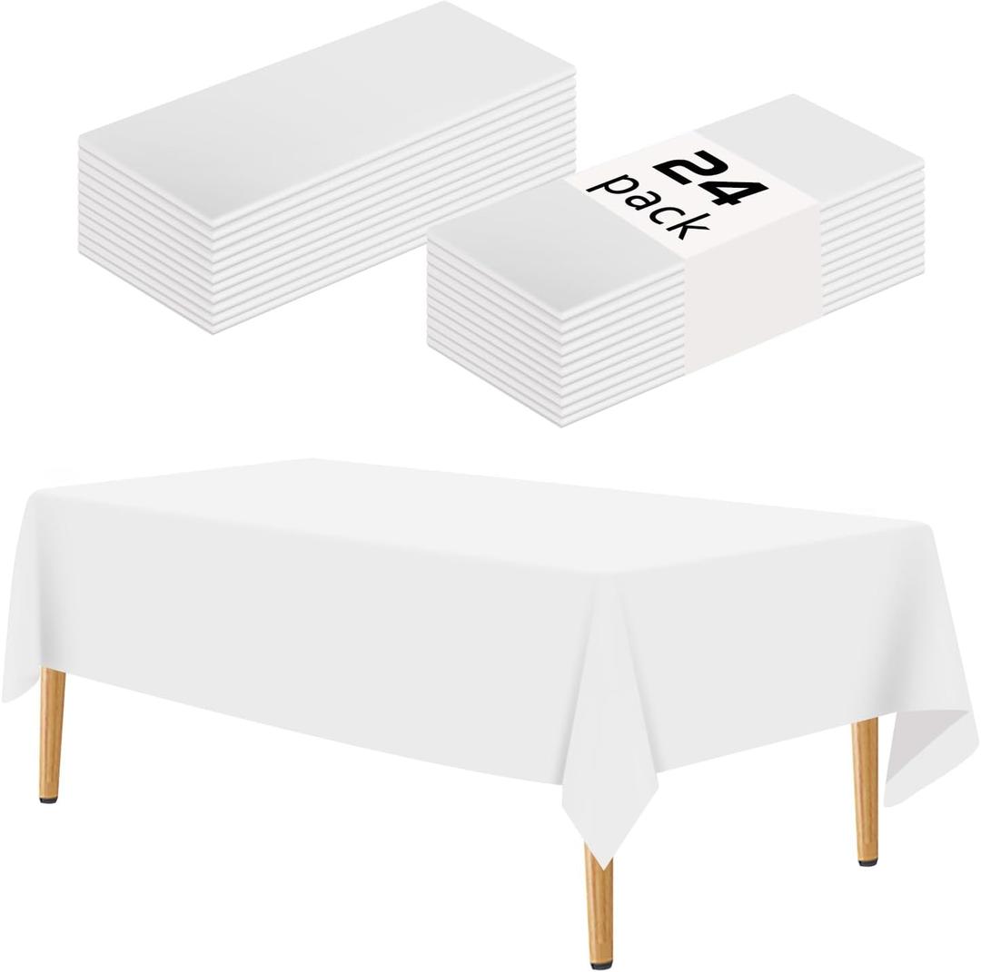 White 24 Pack Plastic Tablecloth 54 x 108 Inch Rectangle Disposable Table Cloth for Parties Plastic Table Cover Disposable Tablecloths