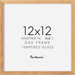 12x12 Picture Frame, Solid Oak Wood 12"x12" Photo Frame for Wall, 12 x 12 Frame Matted to 8 x 8, Square 12x12 Frame, Tempered Real Glass, 12 x 12 Collage Gallery Frames - Natural Oak Color, 1 Pack
