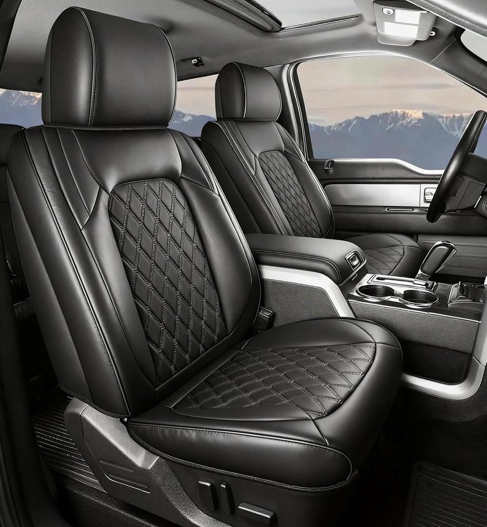 Umbrauto Custom Fit Seat Covers for Ford F150, Pickup Truck Nappa Leather Seatcovers for 2015-2025 Ford F150 SuperCrew/ 2017-2025 F250 F350 F450 Super Duty Crew Cab XL XLT Lariat King Ranch Platinum (Black(Full Set))