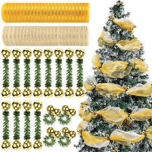Soulchen 26pcs Christmas Decor Mesh Garland Set 10 Yard Metallic Mesh with Artificial Pine Needles Christmas Ball Garland Ties for DIY Holiday Xmas Tree Wreath(Gold)