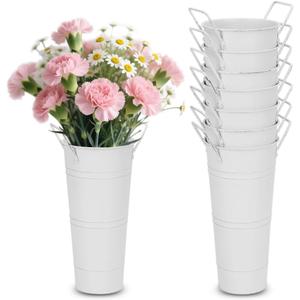 8 Pcs 10 Inch Galvanized Metal Vase, Farmhouse Decorative Flower Buckets for Cut Flowers, French Country Decorative Vases for Home Table Wedding Birthday (White)