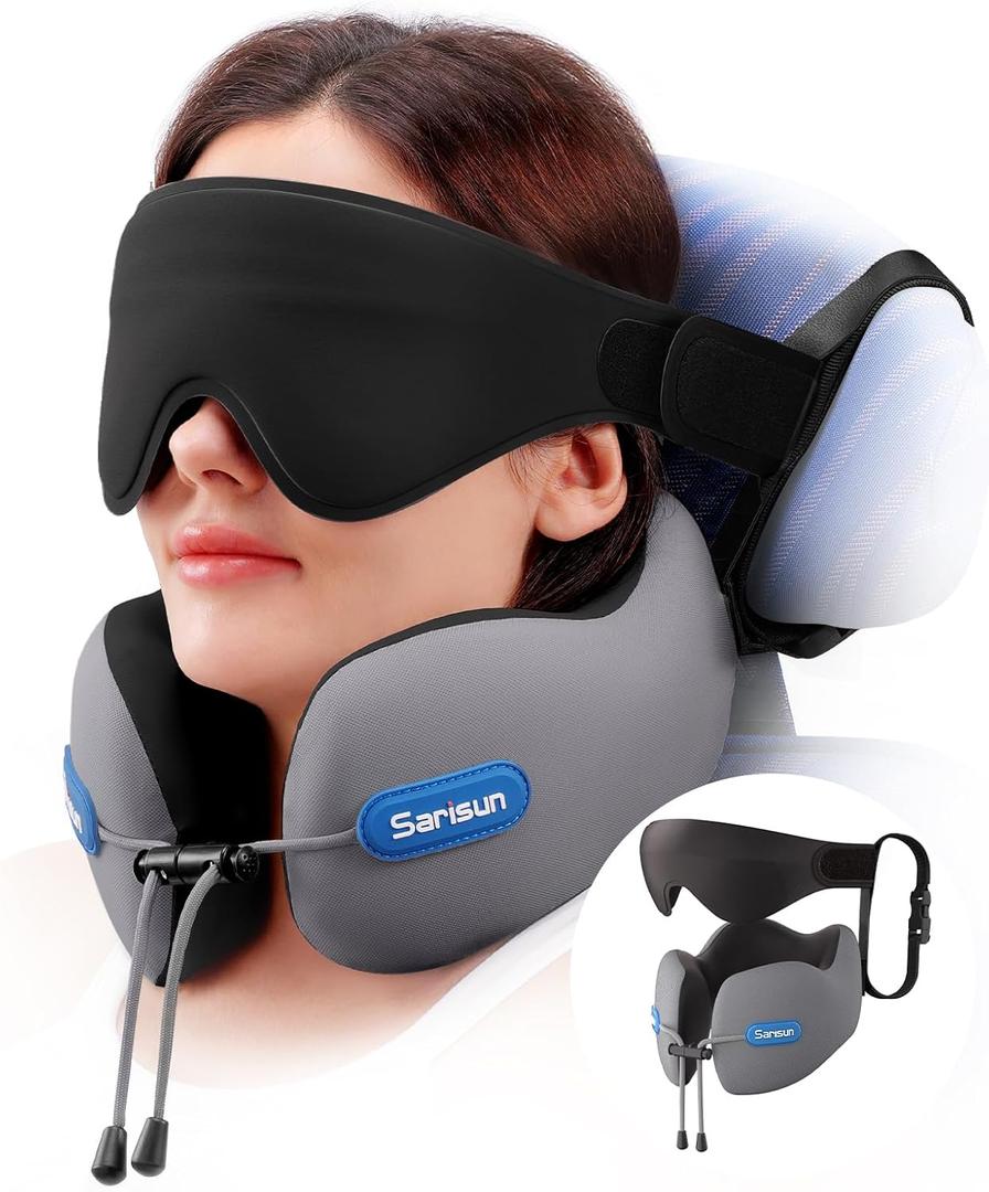 Travel Pillow for Airplane,Neck Pillow with Strap,Combo 3D Eye Mask for Sleep,Dual-Density Supportive Foam Travel Neck Pillow for Airplane Flights,Car Road Trip Travel Essentials Grey