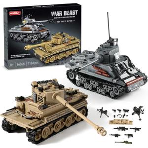 WW2 Army Tank Toys Building Kit Compatible with Lego, Create a German Tiger & an American M4 Sherman Models with 1184 Blocks, Great Military Toy Gifts for Boys, Kids Age 8-14