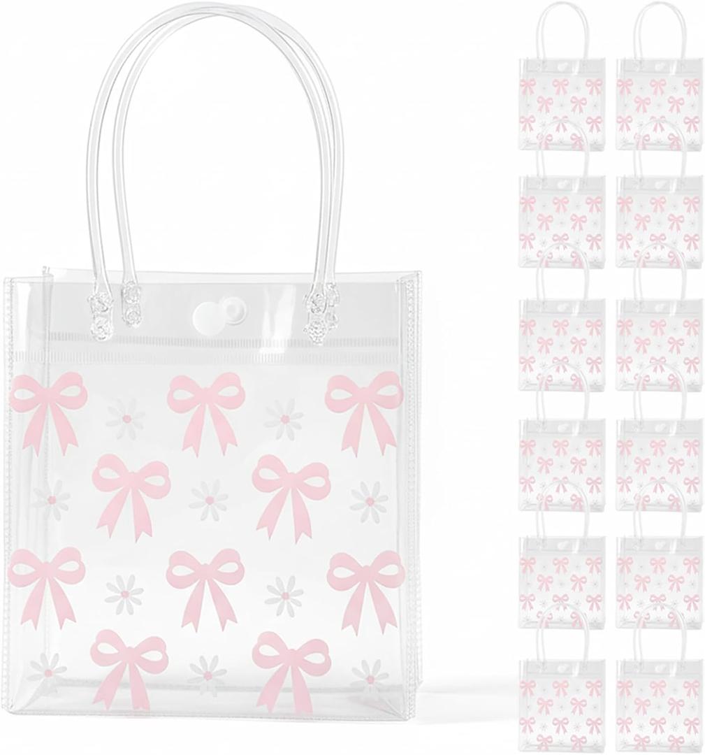 OHiZVZV 12 Pcs Transparent Gift Bags with Handles, Transparent Pouches for Gifting, Bow-Decor PVC Goodie Pack for Birthday, Party Favors