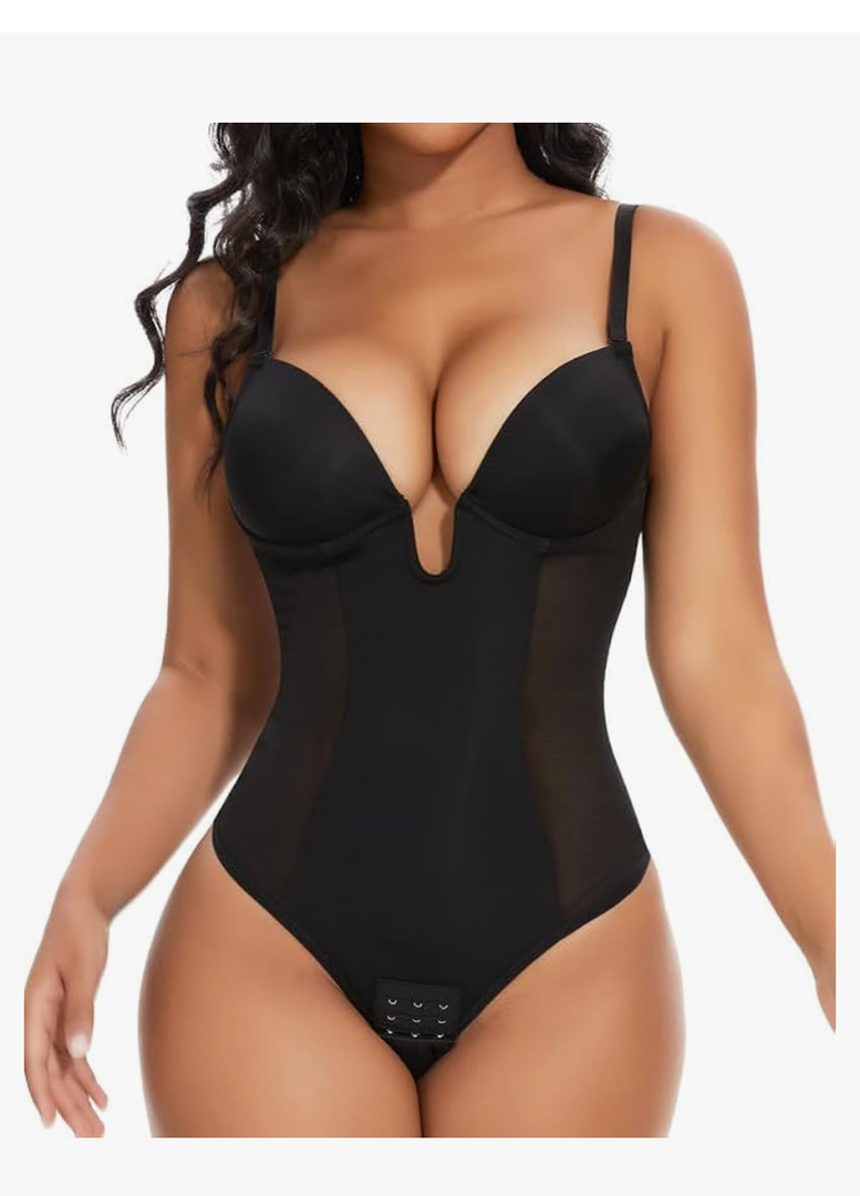 SHAPERIN Women's Backless Body Shaper Bra Faja U Plunge Low Back Thong Shapewear Tummy Control Deep V Bodysuit, Size M