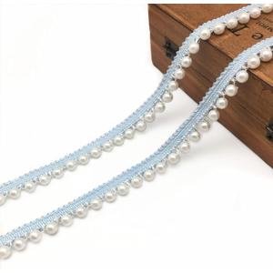FQTANJU 2 Yards Faux Pearls Lace Ribbon Pearl Fringe Applique, DIY Craft Ribbon Pearl lace Trim for Wedding Party Decoration,Blue