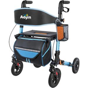 Aojin Rollator Walker for Seniors, Lightweight Foldable All Terrain Rolling Walker with seat, Aluminum Walkers (Blue)