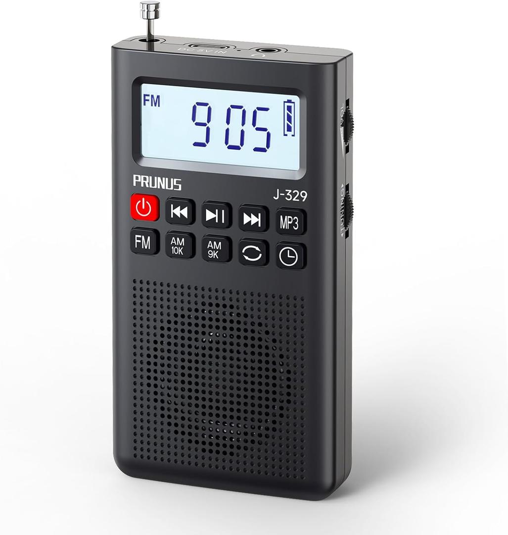 2025 PRUNUS J-329 Mini Portable Pocket AM FM Radio Rechargeable Battery Operated MP3 Small Radio with Sleep Timer, SD Card Player, Large Screen for Running Walking,Travel