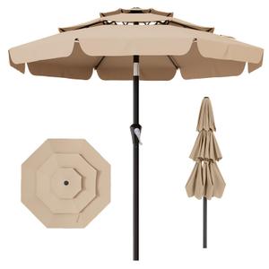 AreShark 9FT 3-Tiers Patio Umbrella with Valance, Outdoor Umbrellas with Crank/Tilt, Table Market Umbrella Vented w/ 8 Sturdy Ribs for Garden, Deck, Backyard, and Pool, Beige