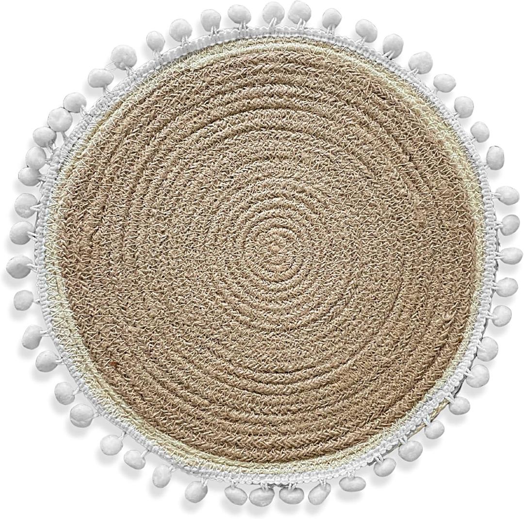 Hand-Braided Round Jute Placemats with White Pom-Pom Trim (Set of 6)