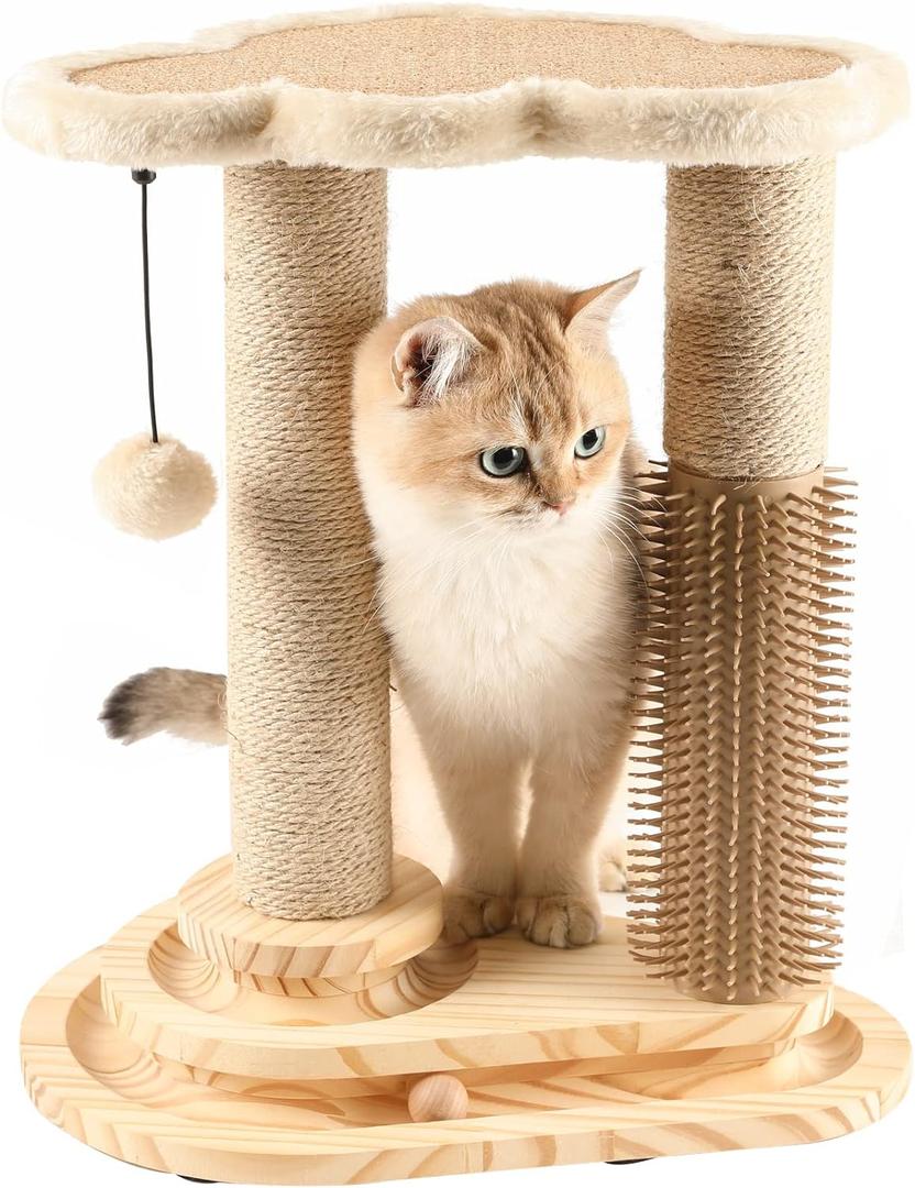 Made4Pets Cat Scratching Post, Cat Self Groomer for Indoor Cats, Cloud Soft Perch for Rest, 17.5" Tall Natural Sisal Scratcher Cat Grooming Interactive Ball Track Toys for Small Cats Kittens (14.96"L* 9.84"W* 17.5"H)