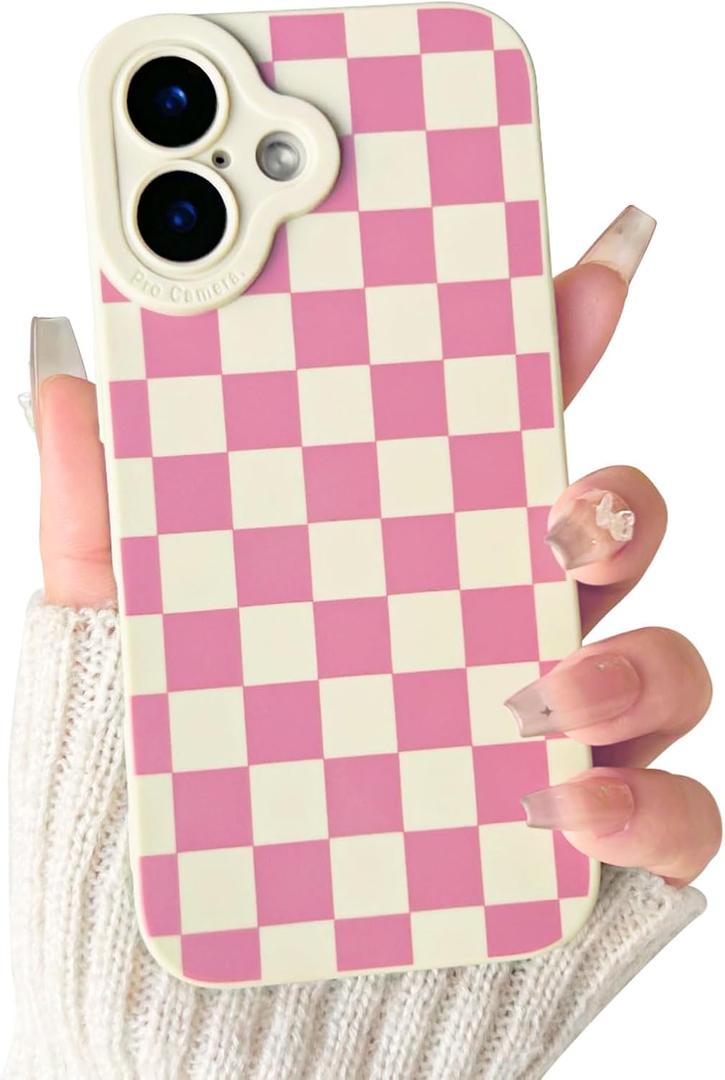 Lovmooful Compatible for iPhone 16 Case Cute Checkerboard Lattice Plaid with Color Design for Girls Women Soft TPU Shockproof Protective Girly for iPhone 16 Case-White&Hot Pink