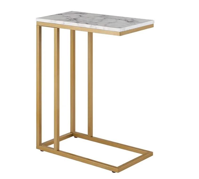 C Shaped End Table with Marble Top & Gold Frame - Narrow Side Table for Couch, Sofa or Bed - Compact Accent Tables Living Room | Multi-Space Small Tables for Office, Bedroom 24x12x25in(White)