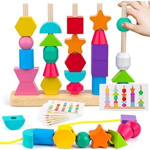 Montessori Wooden Beads Sequencing Toy Set, Stacking Blocks & Lacing Beads & Matching Shape Stacker for 2 3 4 5 Year Old STEM Preschool Learning Montessori Toys Gifts for Kids Boy Girl Toddler(Set Of 2)