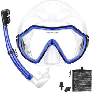 Snorkeling Gear for Adults, Dry Adult Snorkel Set HD Panoramic View Snorkel Mask Set, Anti-Leak and Anti-Fog Scuba Diving Package with Mesh Bag Ear Plug for Snorkeling Scuba Diving Travel (Blue/Transparent)