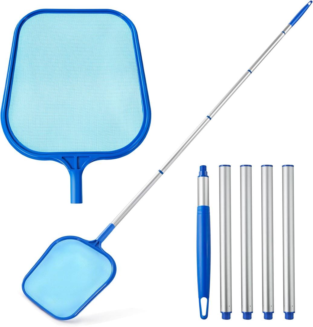 Pool Skimmer - Pool Skimmer Net with 5 Section Adjustable Telescopic Aluminum Pole, 25''- 64'', Pool Net Skimmer Rake with Ultra Fine Mesh , Pool Leaf Skimmer for Swimming Pools, Spas, Hot Tubs
