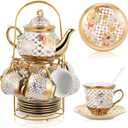 Zhehao 20 Pcs Porcelain Tea Set with Metal Holder and Spoon Adult Ceramic Tea Set European Flower Painting Teapot Cup Saucer Spoon for Women, Large Version(Delicate Style)