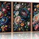 SIKERIC Dark Black Moody Floral Wall Art, Vintage Colourful Flower Framed Canvas Art Prints Set of 3, Large Botanical Art Paintings, Nature Peony Wall Decor for Living Room, Bedroom, Office-16X24 inch 