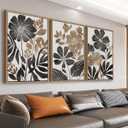 Large Framed Canvas Wall Art - Natural Float Framed Rustic Black Flowers Leaves Pictures Decor Brown Floral Foliage Artwork for Bedroom Living Room Kitchen Home Office Decoration 48" X 24" Set of 3, 16" X 24" X 3pieces Framed