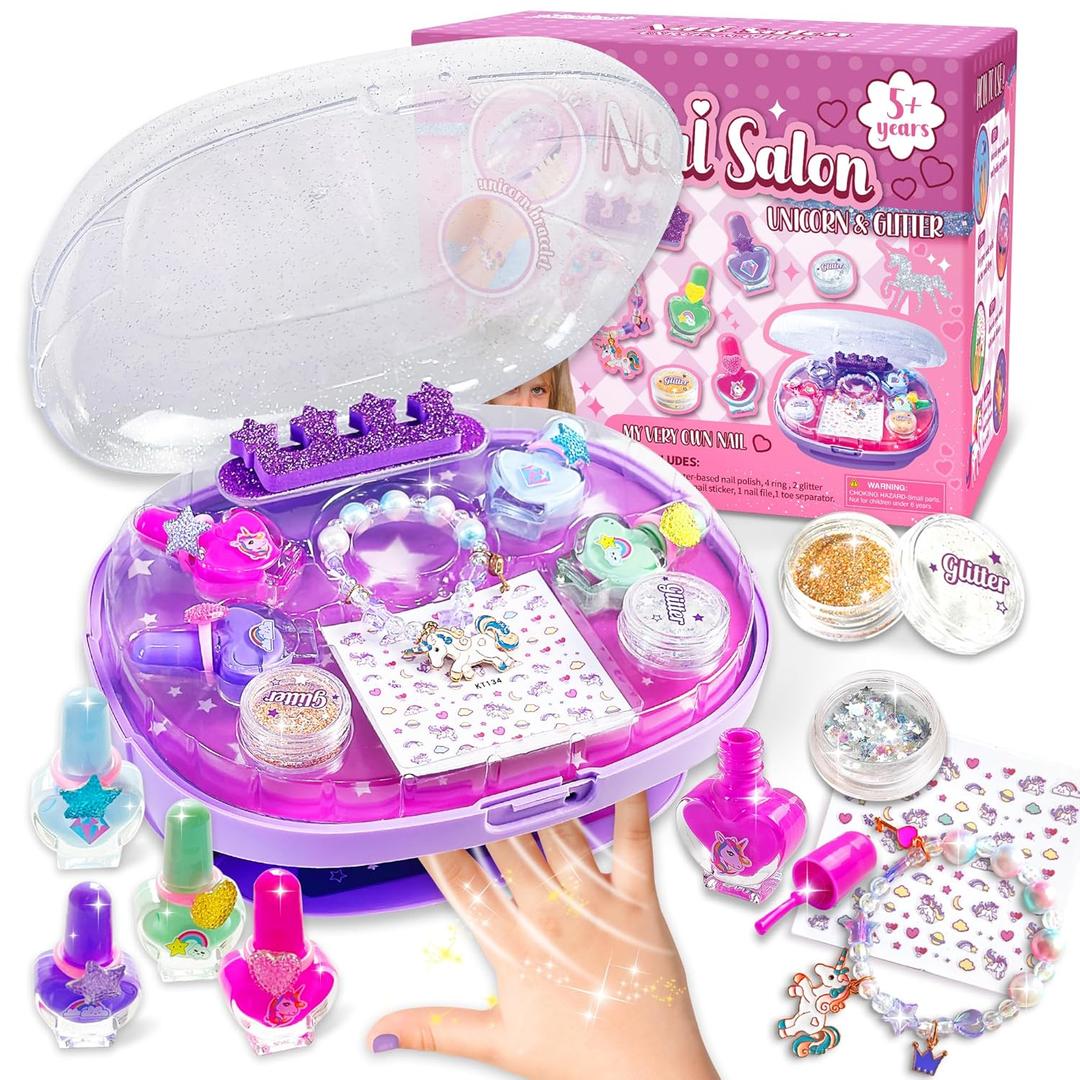 Kid Nail Dryer Set Girl, Girl Nail Kit with Dryer/Peel-able Nail Polish/Rings/Bracelet/Nail Sticker/Nail Sticker/Glitter Powder/ Nail File/Toe Separator