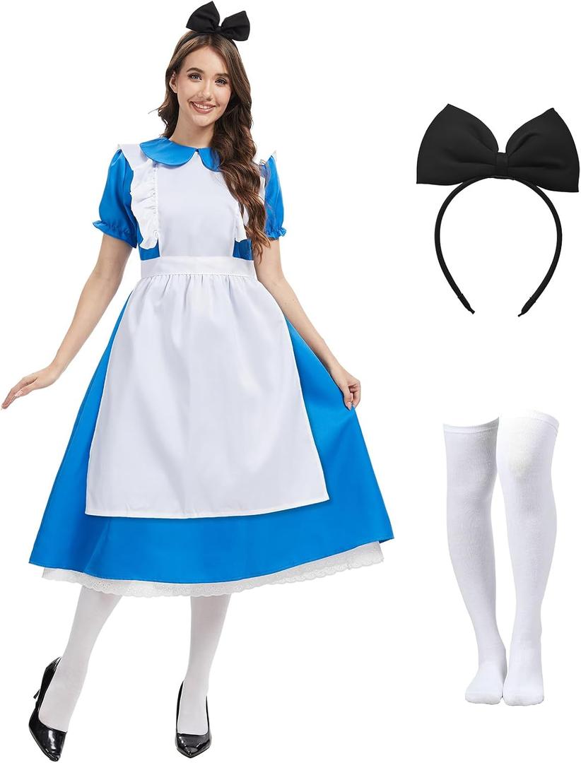 Women Blue Princess Dress Adult Halloween Costume with bow headband and stockings Fairytale Party Costume, Medium