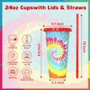 24 oz Color Changing Cups with Lids and Straws, 5 Pack Reusable Plastic Tumblers for Iced Coffee, BPA-Free Tie Dye Cold Cups, Sturdy Drinking Cups with Cleaning Brush Set