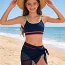 Teen Girls Swimsuit Color Block Sporty Bikini Sets with Cover Up Skirt 3 Piece Bathing Suit Size 7-8 Years (Blue)