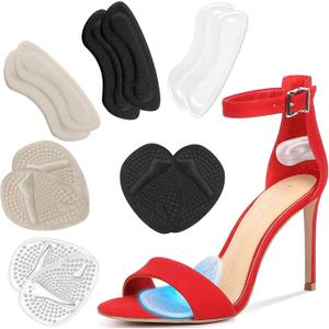 ONUEMP Shoe Inserts for Women, Non Slip Heel Pads for Shoes and Metatarsal Pads, Gel High Heel Protectors Grips Ball of Foot Cushions, Shoe Insoles Filler Liners for Too Big Shoes, Blister Prevention (Black-khaki-clear Grips)