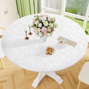 Smiry Round Picnic Tablecloth, Elastic Waterproof Fitted Heavy Duty Vinyl Tablecloths for 45"-56" Tables, Wipeable Washable Table Cover for Kitchen, Dining, Camping, Outdoor, White