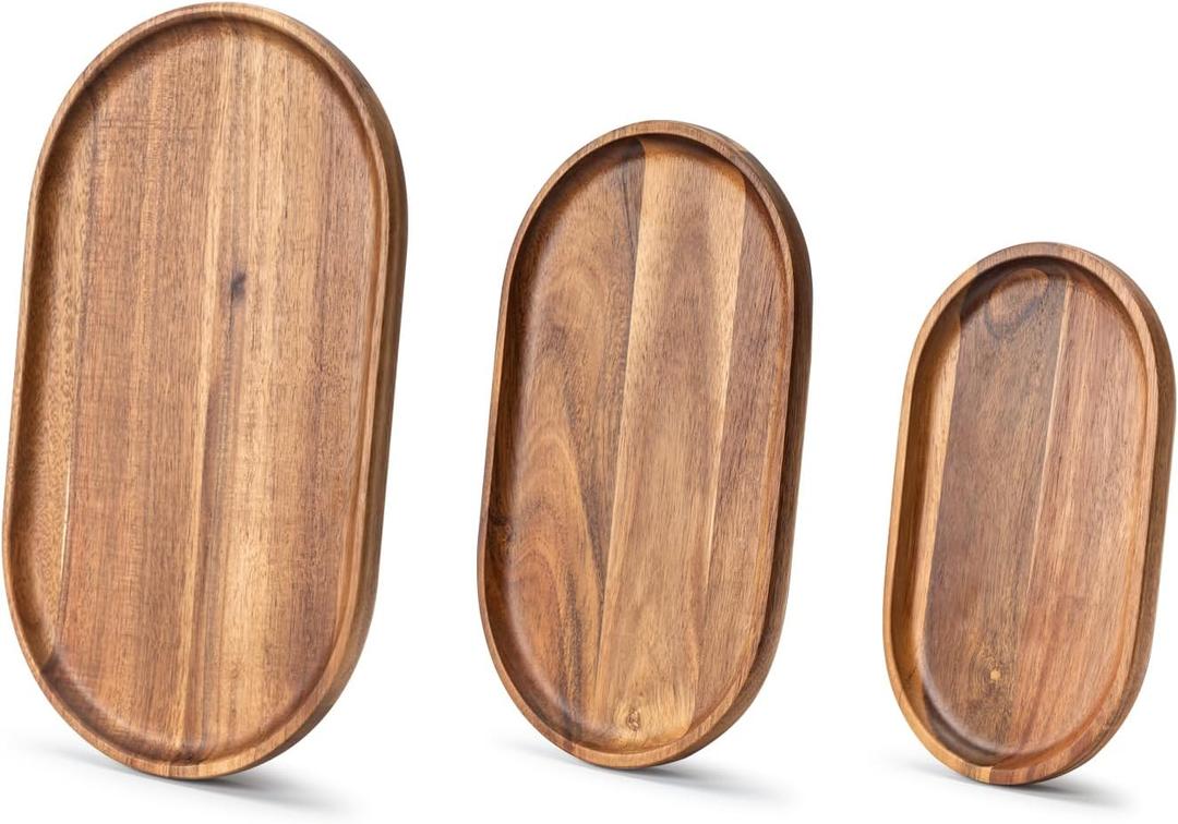 Set of 3 Wooden Tray Serving Platters Acacia Wood Serving Trays Home Decor Cheese Board Cake Plates Serving Dishes for Entertaining Kitchen Charcuterie Platter for Food Dish Dessert Snack Tray (Mixed Oval/3pcs)