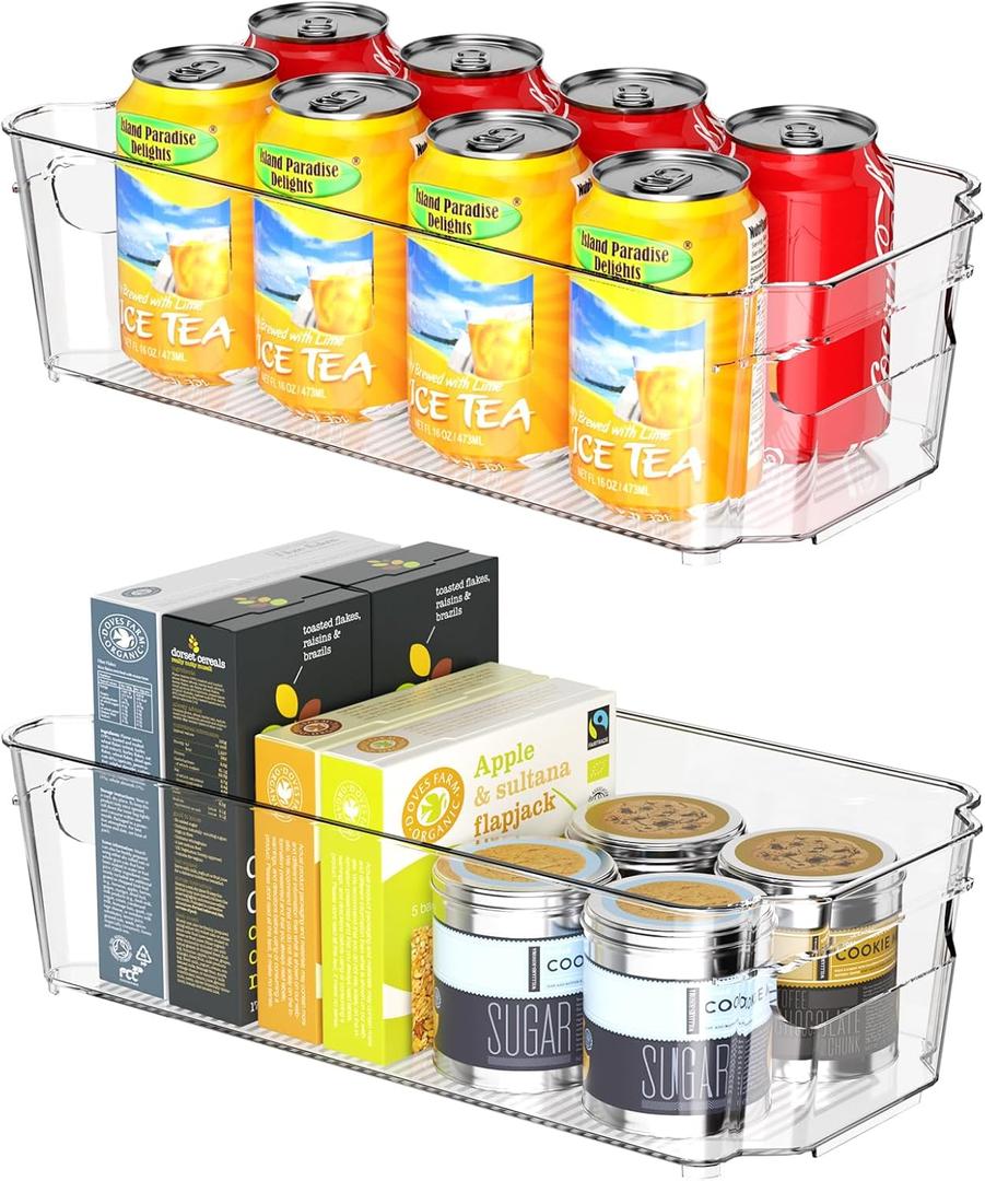 Clear Fridge Organizer, Refrigerator Organizer Bins with Handle, Freezer, Kitchen Cabinet, Pantry Organization, BPA Free Fridge Organizers (12.4 inch 2 Pack)