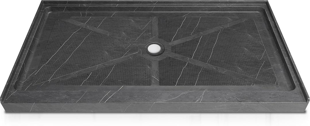 CKB Shower Base 60 in x 30 in Alcove with Center Drain, Gray Marble Look Acrylic Fiberglass Shower Pan, Low Profile Threshold, Slip Resistant, Waterproof
