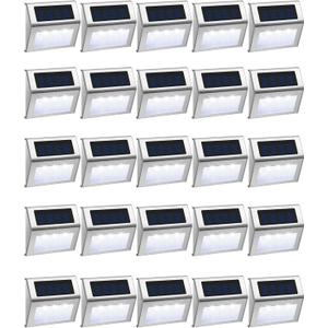 Treela 24 Packs Outdoor Fence Lights Solar Powered Deck Lights Waterproof Backyard Lighting Stainless Steel Lamp Stairs Fence Light Security Wall Lamps for Step Walkway Patio Garden Pathway (White)