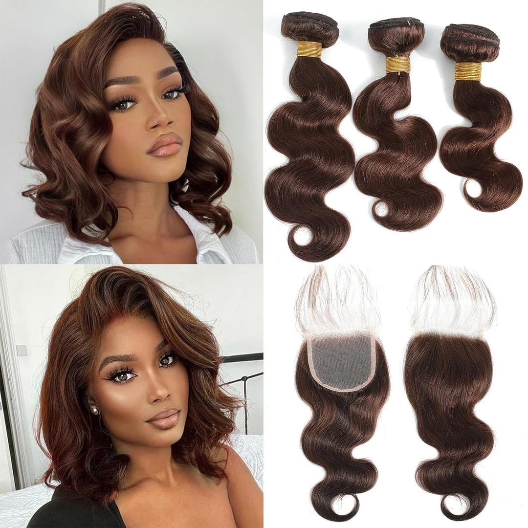 Brown Bundles Human Hair with Closure (12 14 16+12) Body Wave Brown Bundles with Closure Human Hair 12A 100% Unprocessed Brazilian Virgin Hair 3 Bundles with Closure Chocolate Brown Color 4