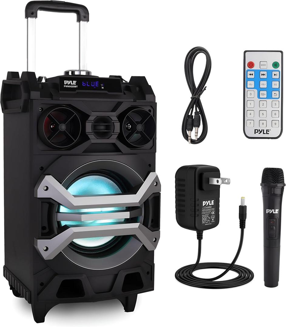 Pyle 500 Watt Portable BT Connectivity Karaoke Speaker System - PA Stereo with 8" Subwoofer, DJ Lights Rechargeable Battery Microphone, Recording Ability, MP3/USB/SD/FM Radio - PWMA325BT
