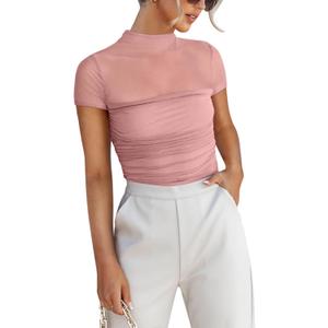 REORIA Women's Sexy Mock Turtle Neck Short Sleeve Shirts Sheer Mesh Ruched Trendy Going Out Bodysuits Tops (Pink) S
