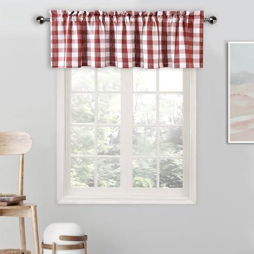 Amzdecor Red White Buffalo Plaid Valance Linen Sheer Cafe Curtain Buffalo Check Plaid Rod Pocket Rustic Farmhouse Kitchen Window Treatment for Living Room Bedroom,1 Panel, 55''x15'',Burgundy and White