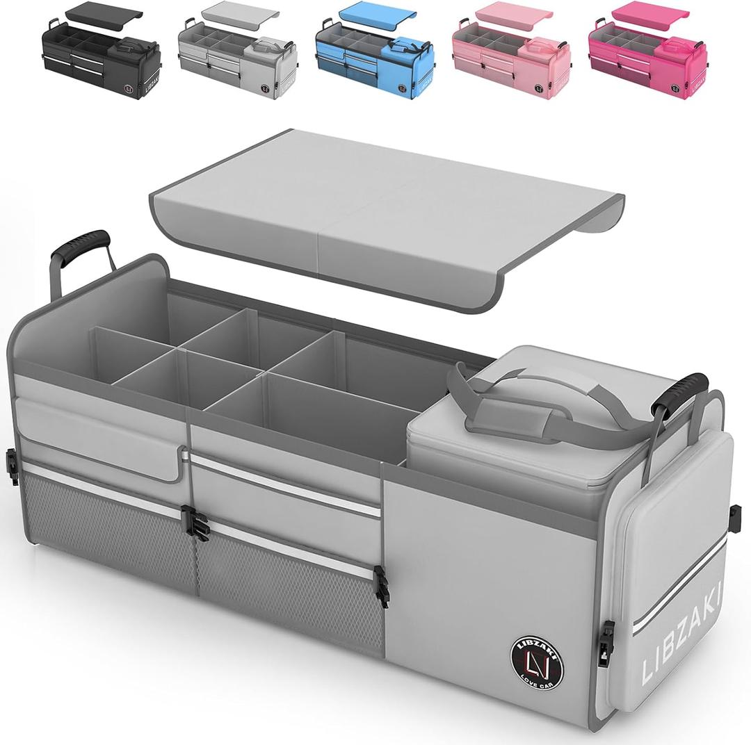 LIBZAKI Oversize 4 in 1 Car Trunk Storage Organizer, Multi Compartment Collapsible Trunk Storage Box with Cooler Bag for Car Truck SUV-Gray