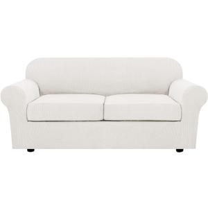H.VERSAILTEX 3 Piece Stretch Sofa Covers for 2 Cushion Sofa Couch Covers for Living Room Sofa (Base Cover Plus 2 Seat Cushion Covers) Thicker Jacquard Fabric (Large Sofa, Porcelain White)