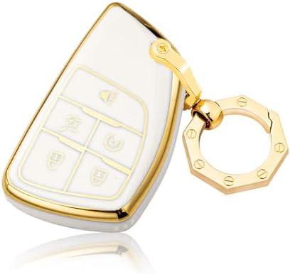 2Pcs YHC for Buick Key Fob Cover with Gold Keychain fit 2021 2022 2023 2024 Silverado 1500 GMC Sierra Buick Envision (WHITE)