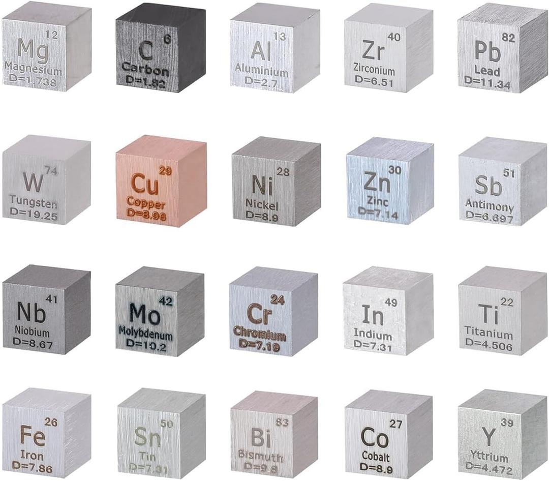 20 Piece Element Cube Set 0.39 Density Metal Cube Set 10mm Up to 99.99% Purity, Tungsten Cube, Bismuth and 18 More for Students Teacher Science Lover Collection&DIY (20)