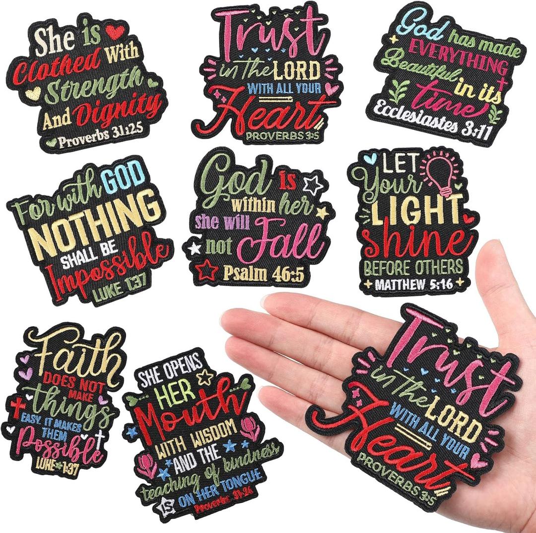 Lyrow 8 Pcs Christian Iron on Patches Bible Faith Verse Embroidery Scripture Patches for Women 3''Inspirational Religious Sew on Applique for Hat Backpack Jacket(Colorful,Vintage Color)