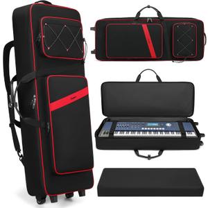 BOSSTIN 61 Key Keyboard Case with Wheels, Internal Size: 42"x 14.5"x 6", Waterproof Padded Rolling Gig Bag Keyboard Piano Case for 61 Key Piano Keyboard (Red)